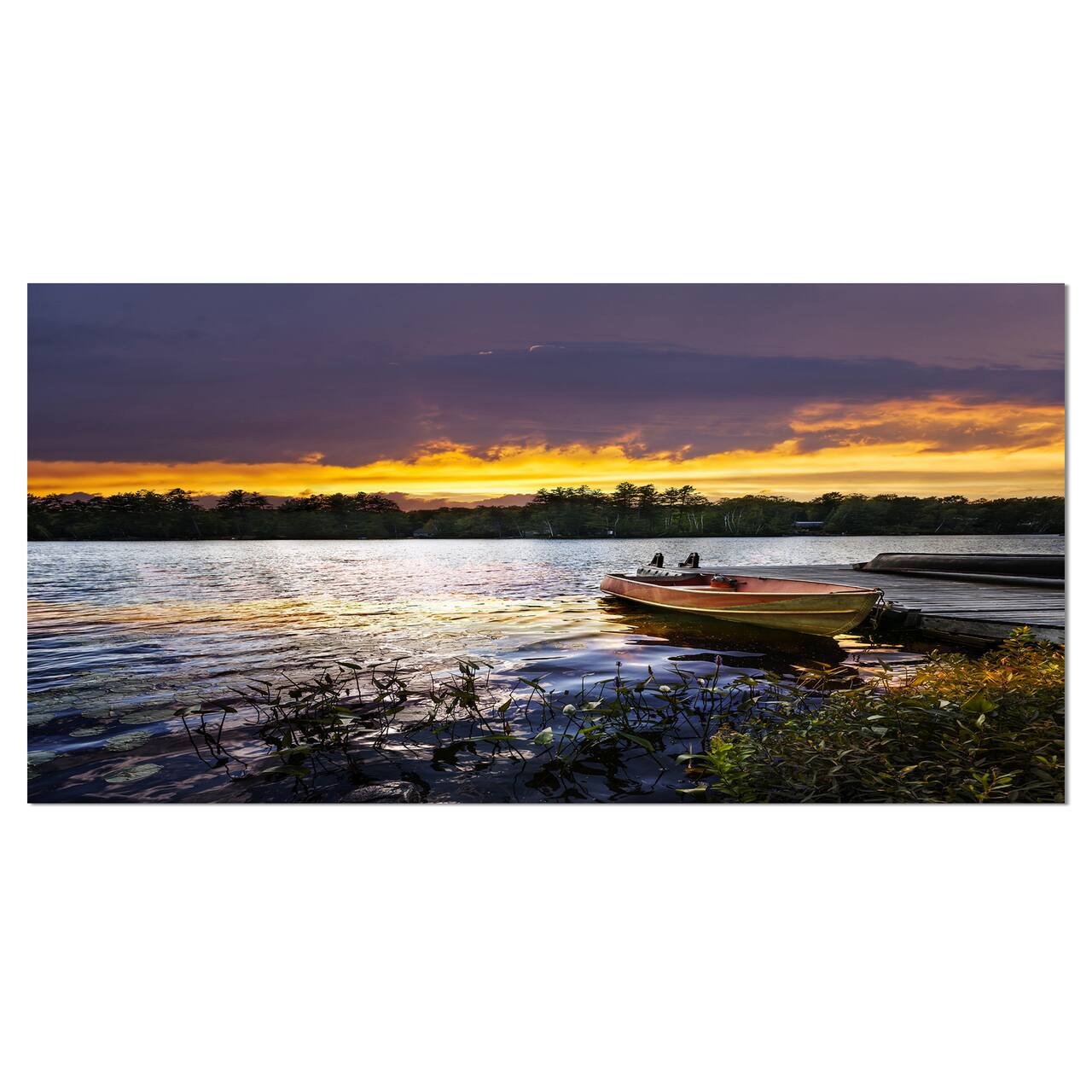 Designart - Boat Docked in Lake at Sunset - Modern Seashore Canvas Art